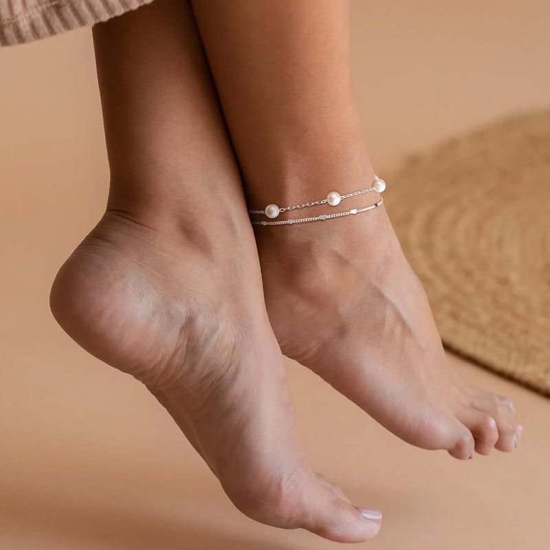 Poxtex Sterling Silver Anklet Bracelets for Women Waterproof, 925 Sliver Plated CZ & Heart Charm Dainty Layer Anklets for Women Trendy, Simple Chain Anklets Set Gifts for Women, Mother Day Jewelry Gifts for Her Women Mom Wife Girlfriend - Image 2